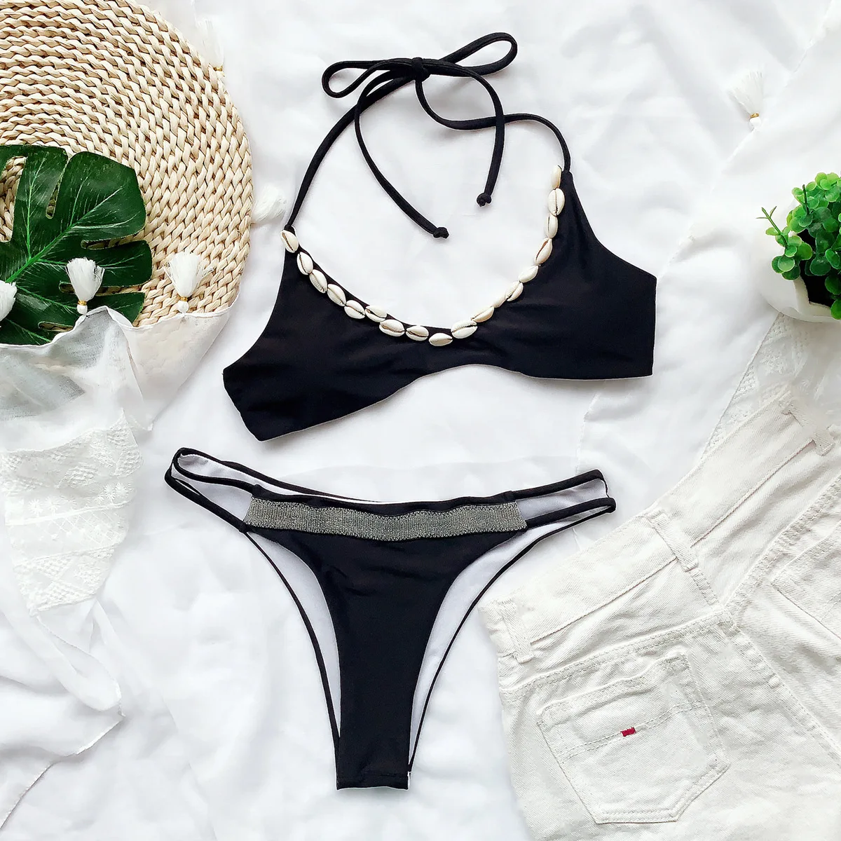 

New Sexy Triangle Push Up Bikini Set Bandage Swimwear Women Shell Decoration Bathing Suits Swimsuit Biquini Patchwork Beach Wear
