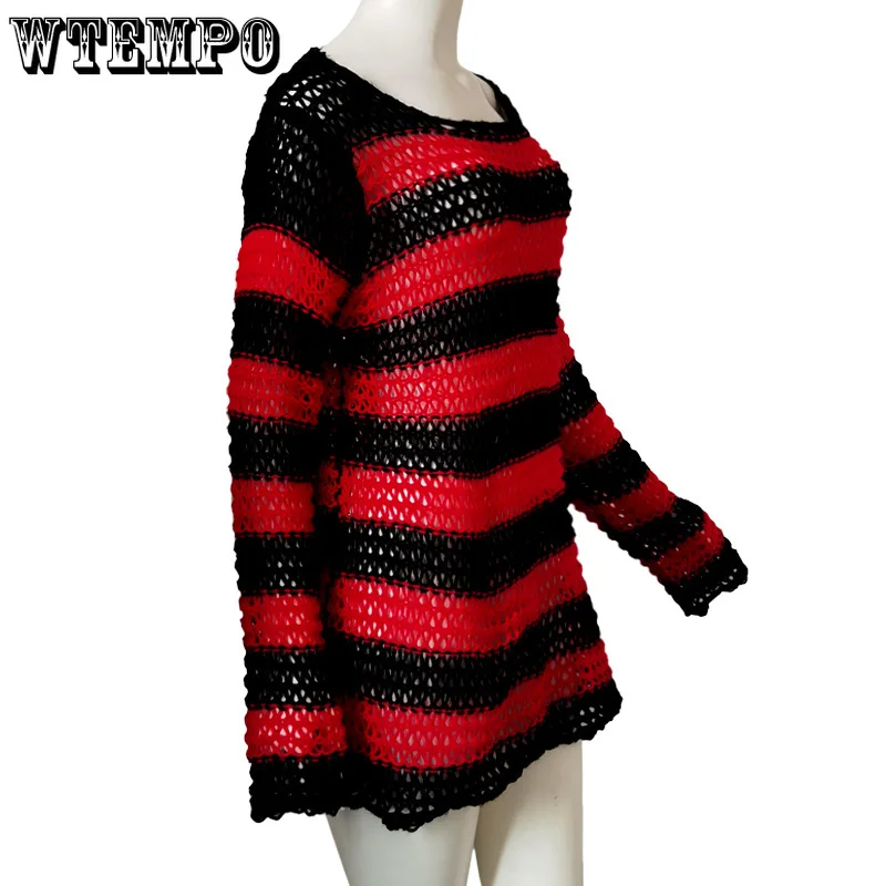 Свитер с дырками Модный пуловер вырезами джемпер черное Полосатое платье-свитер