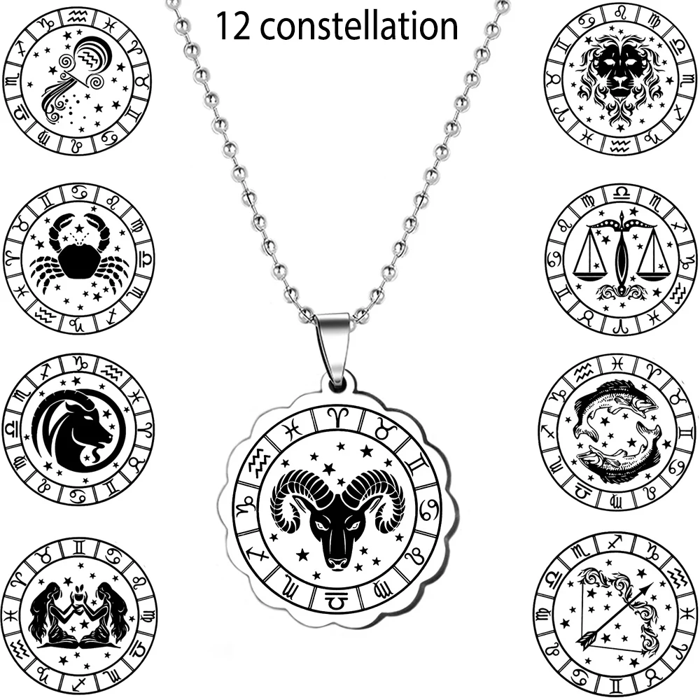 

12 Constellation Lace Necklace Jewelry Pendant Stainless Steel Round Bead Chain Necklace Titanium Steel Pendant Birthday Gift