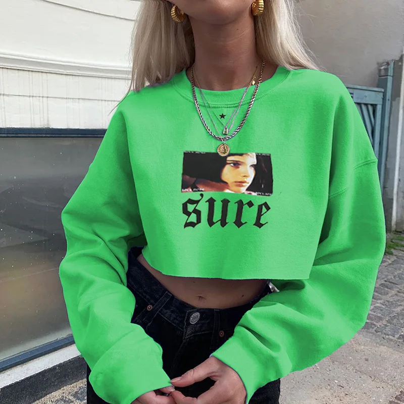 BOOFEENAA/зеленый Укороченный свитшот с капюшоном и принтом головы для девочек