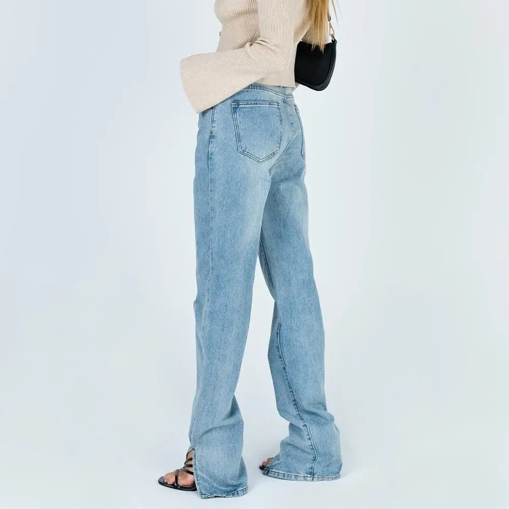 

Blue Loose Splits at Ankles Mom Denim Long Pante Women High Waist Classic Retro Sexy Boyfriend Pants