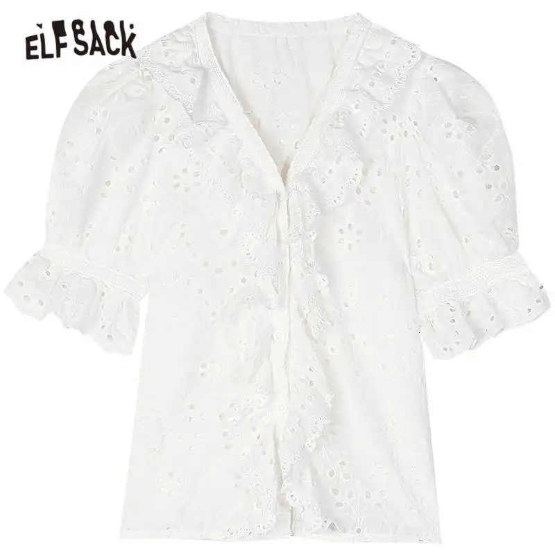 

ELFSACK White Solid Contrast Lace Casual Ruffle Blouse Women 2020 Summer ELF Puff Sleeve Hollow Out Korean Ladies Daily Tops