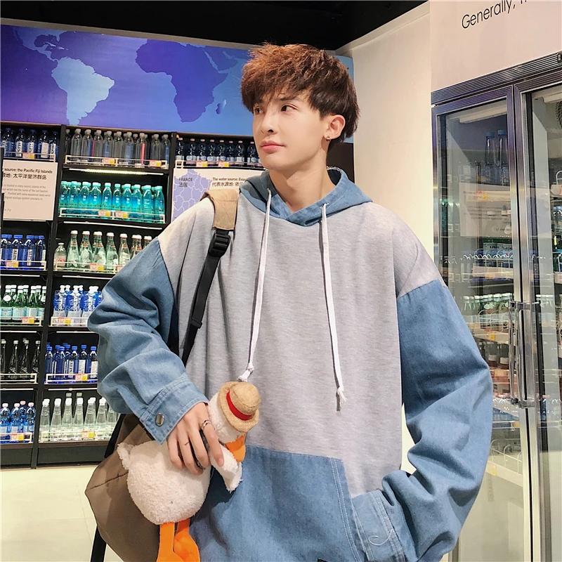 Джинсовая Лоскутная Толстовка с рукавами для мужчин осень 2020 модная одежда