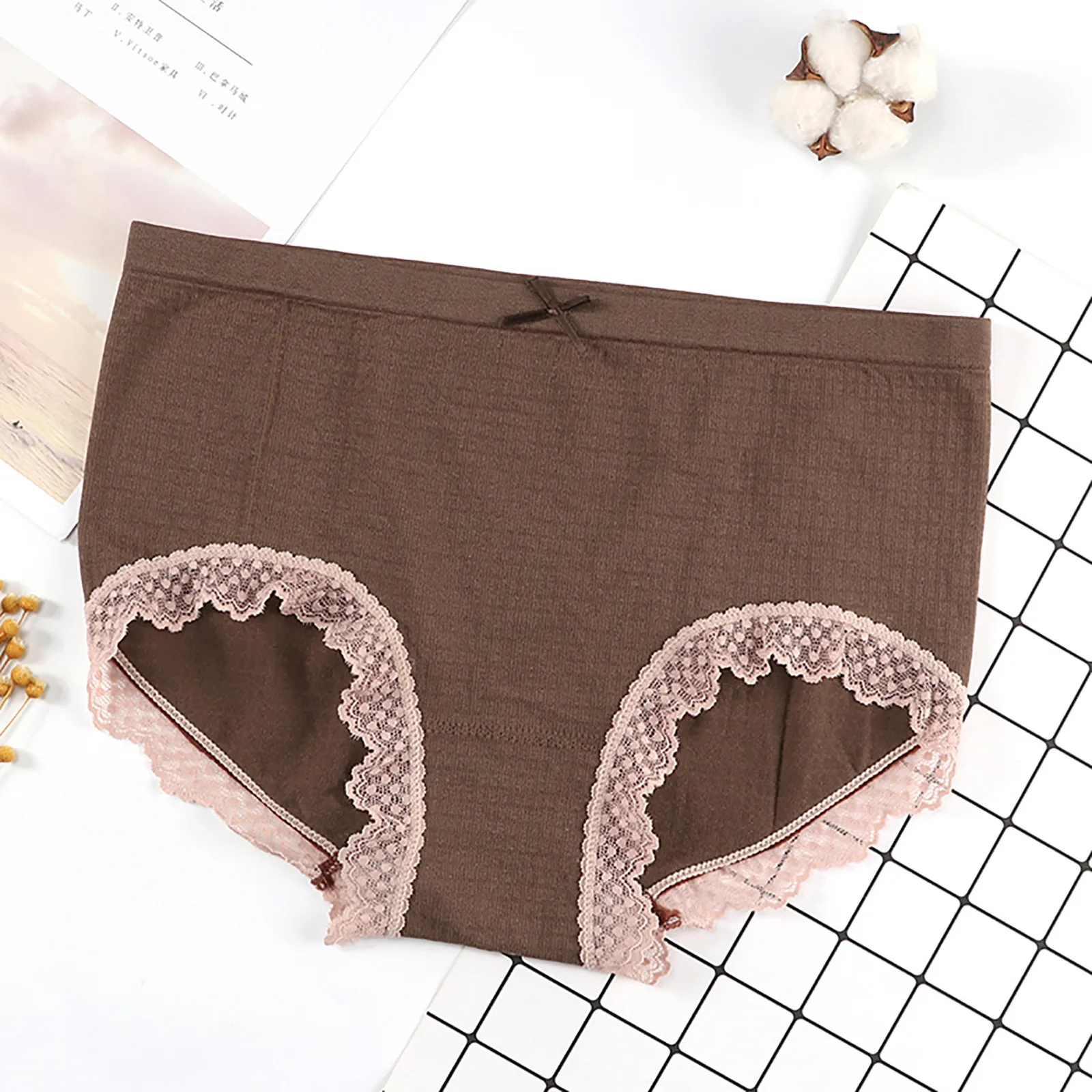 

Women's Sexy Panties With Bow Lace Trim High-Rise Underwear Solid Ladies Casual Seamless Briefs Ropa Interior Femenina 2021