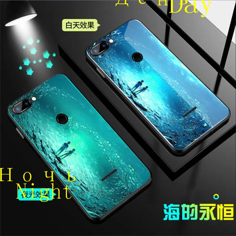 Luminous Tempered Glass Case For Xiaomi Mi A2 Lite Glow Back Cover Redmi 6 6A Pro Silicone | Мобильные телефоны и