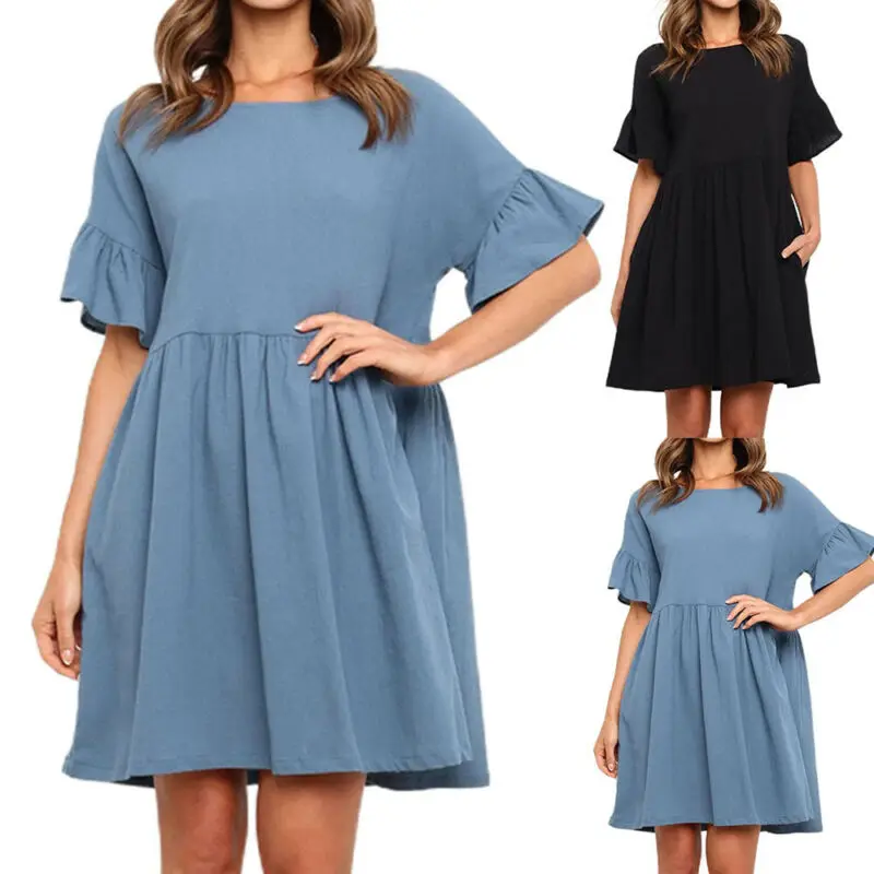 

Однотонное платье, женское летнее мини-платье с коротким рукавом, женский пляжный сарафан, праздничные повседневные свободные платья, женс...