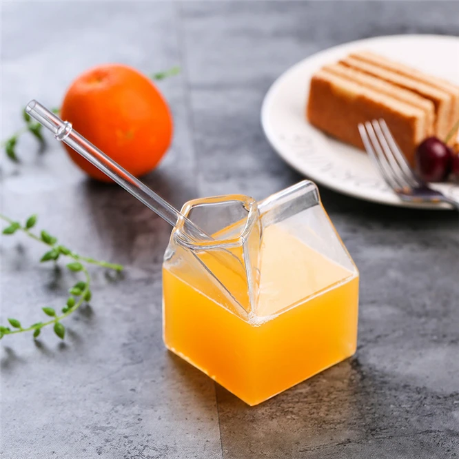 

250ML High borosilicate square high temperature resistant glass milk carton creative milk juice cup microwaveable