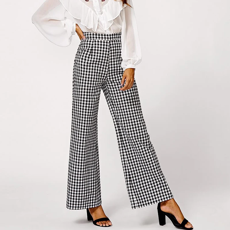 Женские брюки в клетку с широкими штанинами офисные элегантные прямые клетчатые