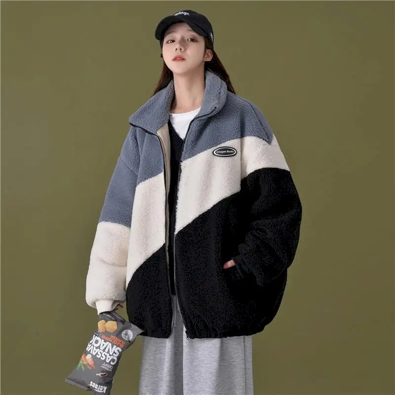 

Lamb plush cotton coat jacket female autumn winter stitch stand collar loose Korean fashion cardigan oversized zipper women top