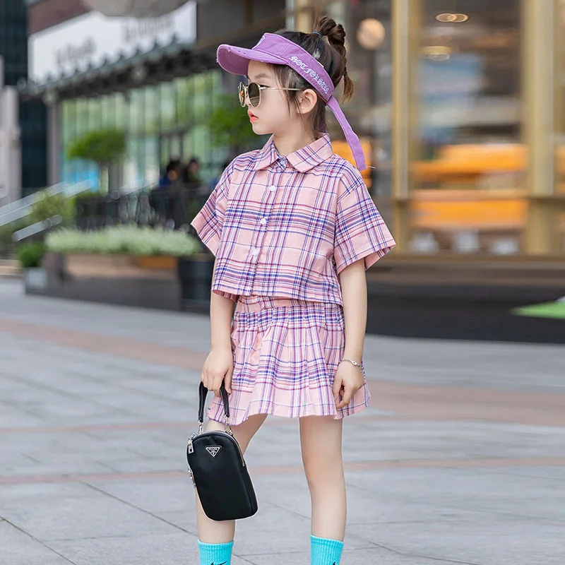 

Kids Girls Short Sleeve Plaid Shirt Suits 8 10 years 2021 New Summer Fashion Girl Two-Piece Set