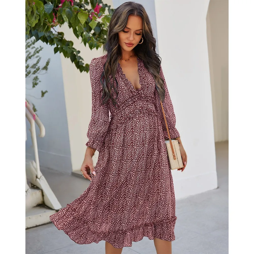 

Women's Dress New Products 2021 European And American Casual Spring And Summer Long-sleeved V-neck Simple Printed Dress Women