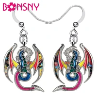 bonsny enamel alloy floral sharp tail roaring dinosaur dragon earrings drop dangle fashion jewelry for women girls teens party