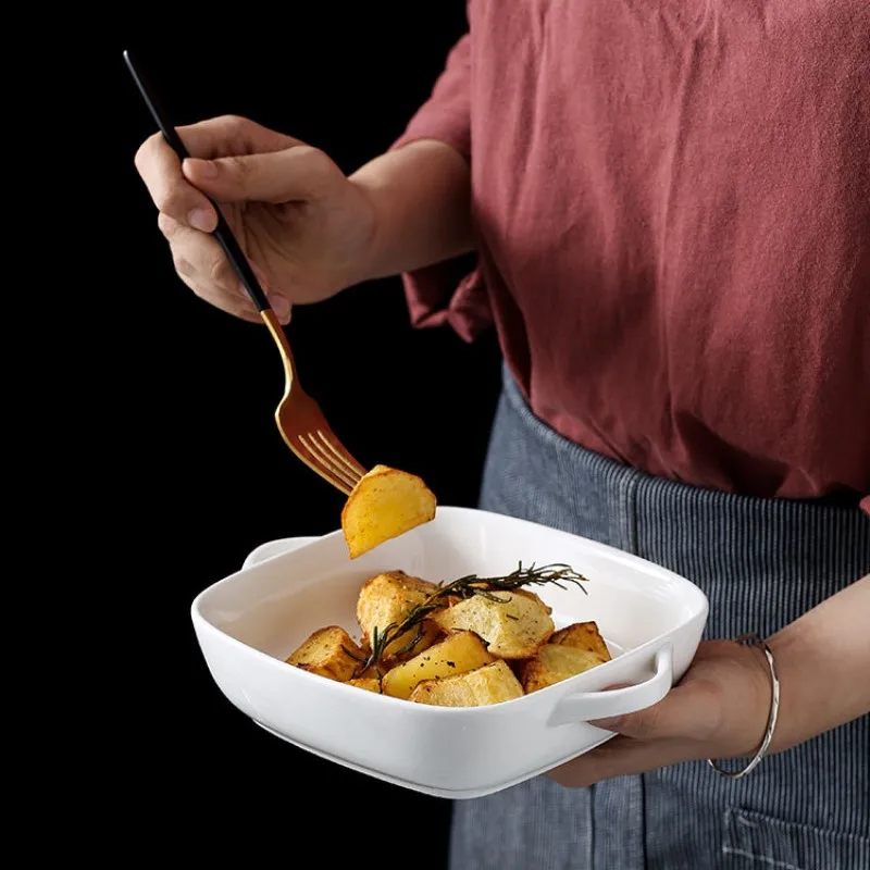 

Nordic Ceramic square glazed Ovenware Baking Dish Double-Eared with lid household oven microwave Pans Baking Tray Kitchen