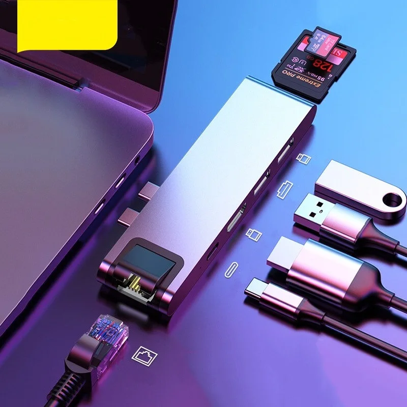 

USB-хаб с интерфейсом USB 3,0, совместимый адаптер для MacBook Pro Air HUB TB 3 Dock RJ45, двойной Разветвитель USB типа C HUB