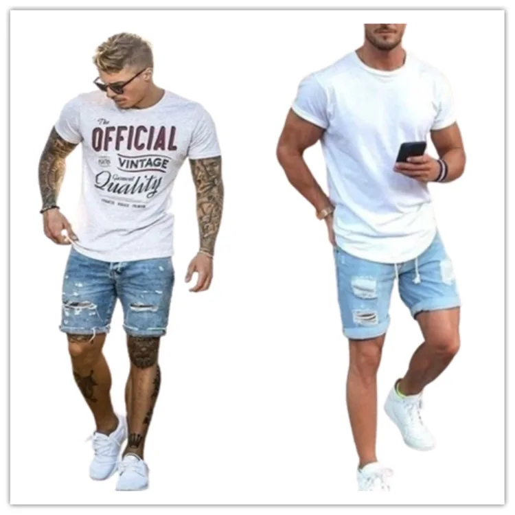

WEPBEL Mid Waist Denim Shorts Men's Casual Solid Color Ripped Shorts Summer Fashion Loose Straight Short Jeans