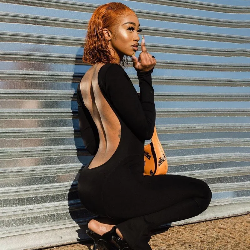 

Sexy Backless Bodycon Jumpsuits Solid Long Sleeve Skinny One Piece Outfits Streetwear Sports Fitness Rompers Women Fall Clothing