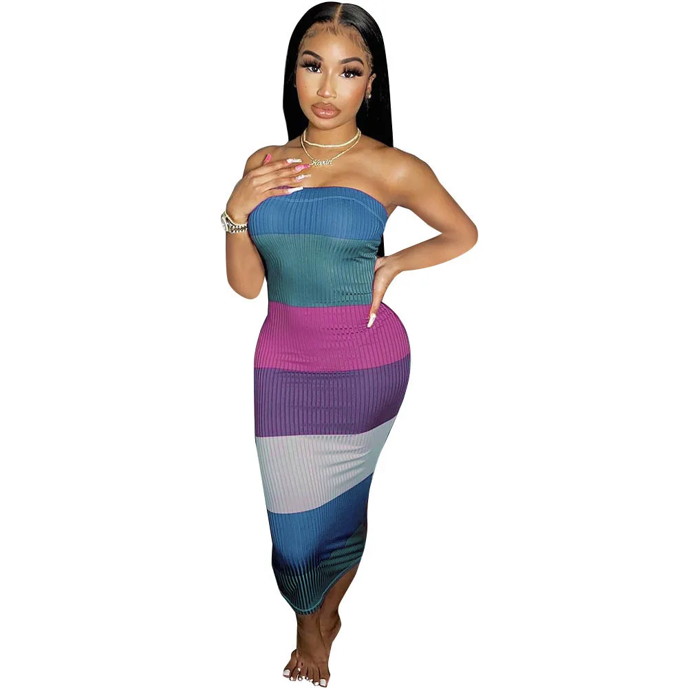

2021 New Arrival Women Sexy Sheath Striped Sleeveless Mid-calf Strapless Bodycon Long Dress Robe Femme