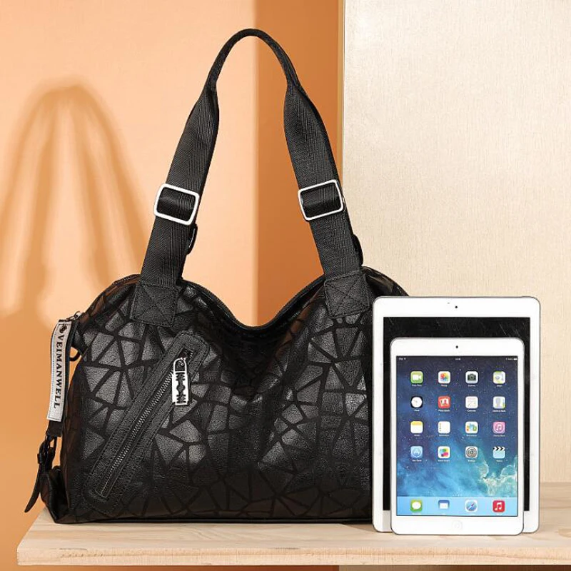 Женская сумка из натуральной кожи с геометрическим узором большая сумка-тоут