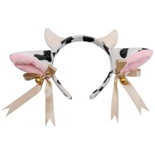 Cartoon Plush Cow Ears Headband with Bells Ribbon Bow Anime Lolita Hair Hoop Kawaii Animal Party Cosplay Headpiece