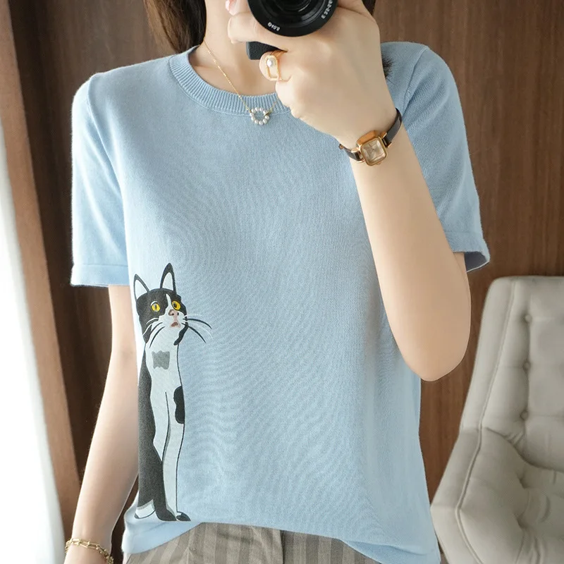 

Cute Cat Print T-Shirts Women Summer Pure Cotton O-Neck Short Sleeve Pullover Female Tops Solid Casual Elegant Lady Sweater Tees