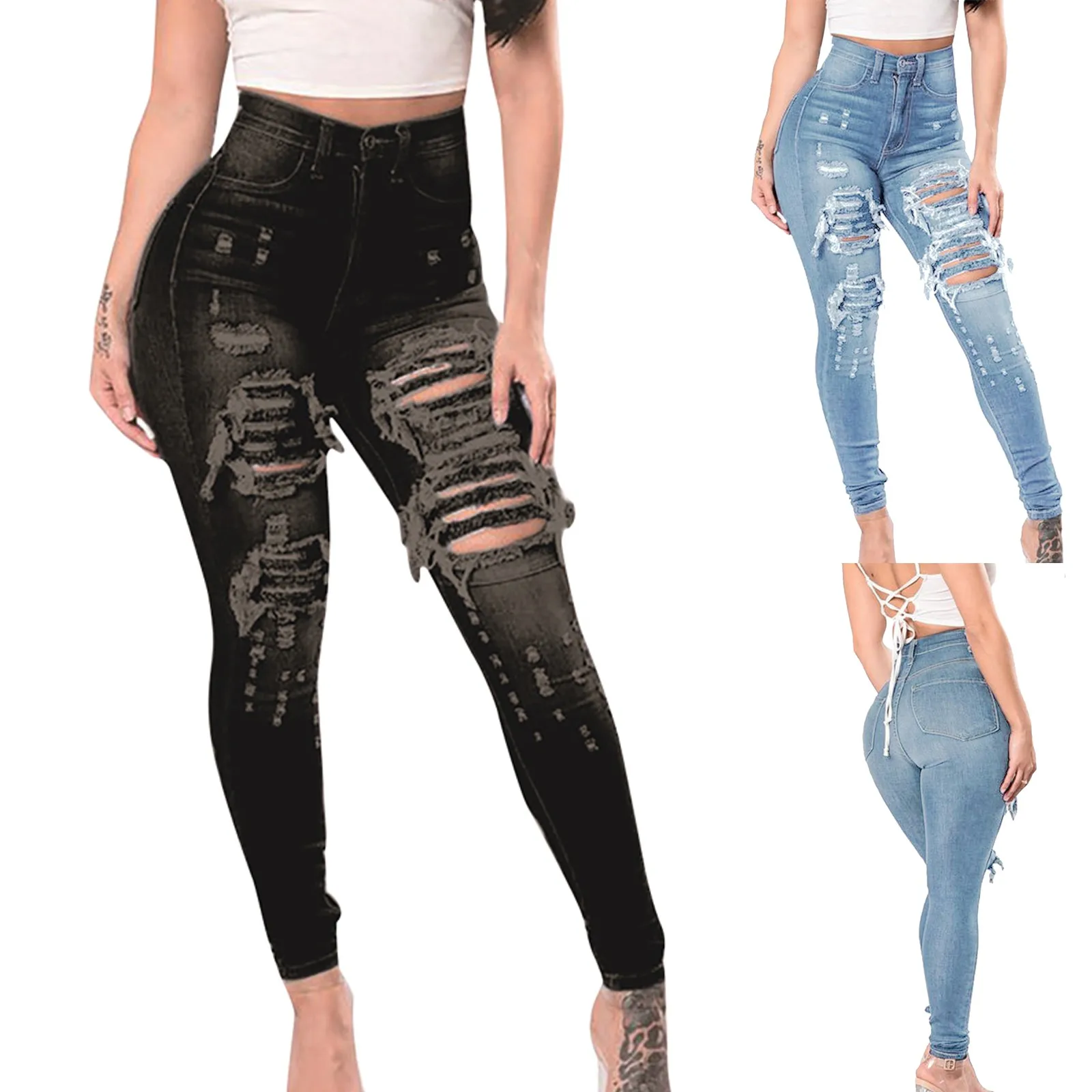 

Градиентные длинные женские рваные джинсы, сексуальные обычные потертые джинсы, брюки с дырками, узкие женские брюки