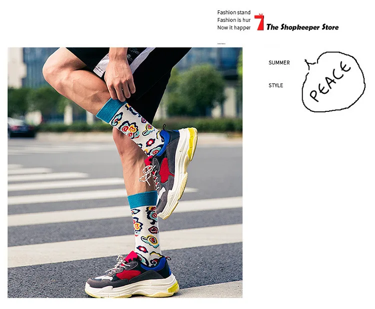

Male autumn winter New England style cartoon geometric color street casual cotton tube socks