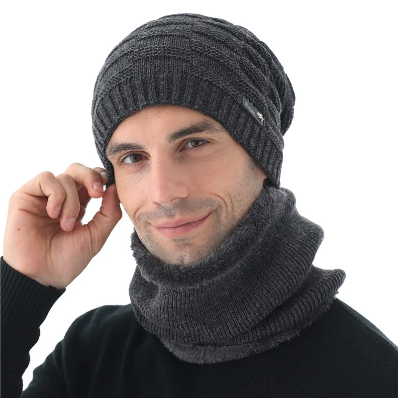 hat scarf set gray Зимняя шапка Xthree, шерстяные шапочки, вязаная шапка, шарф с подкладкой, мужские шапочки, зимние шапки для мужчин, шапочки, шапки - Цвет: hat scarf set gray
