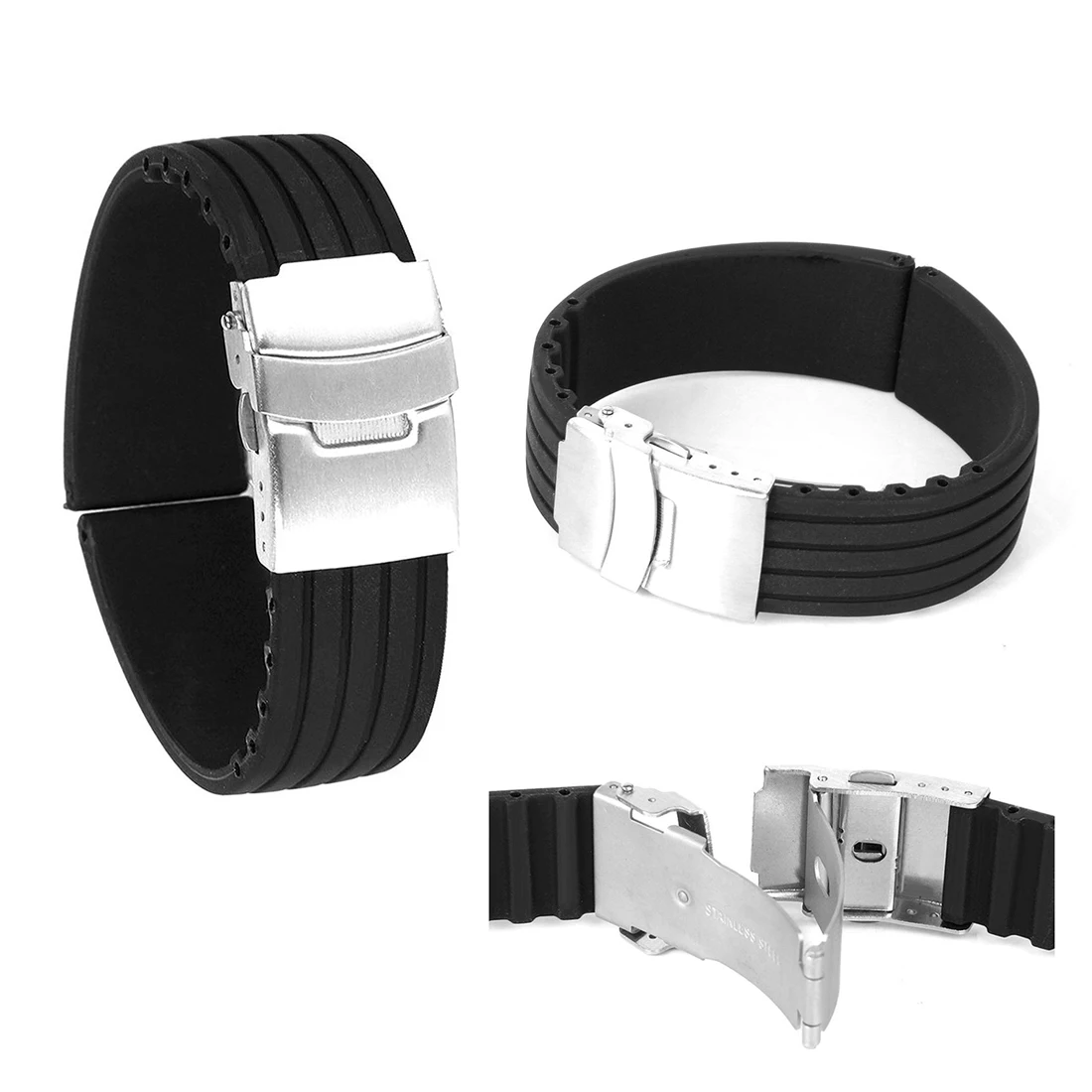

20mm Waterproof Stripe Pattern Silicone Watch Band Strap (Black)