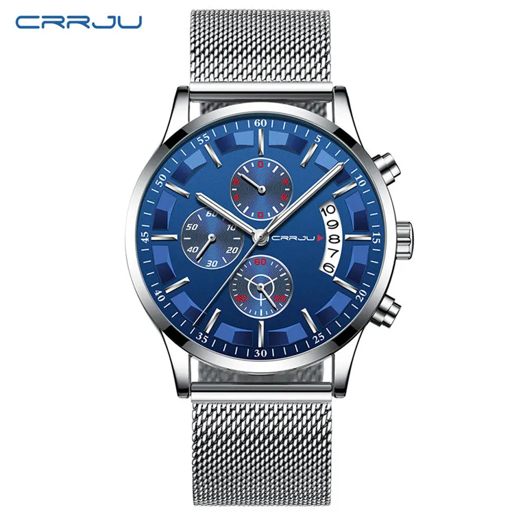 M Silver Blue CRRJU Топ люксовый бренд для мужчин бизнес аналоговые кварцевые часы из нержавеющей стали ремешок наручные часы Relogio Masculino часы Horloges Hours - Цвет: M Silver Blue