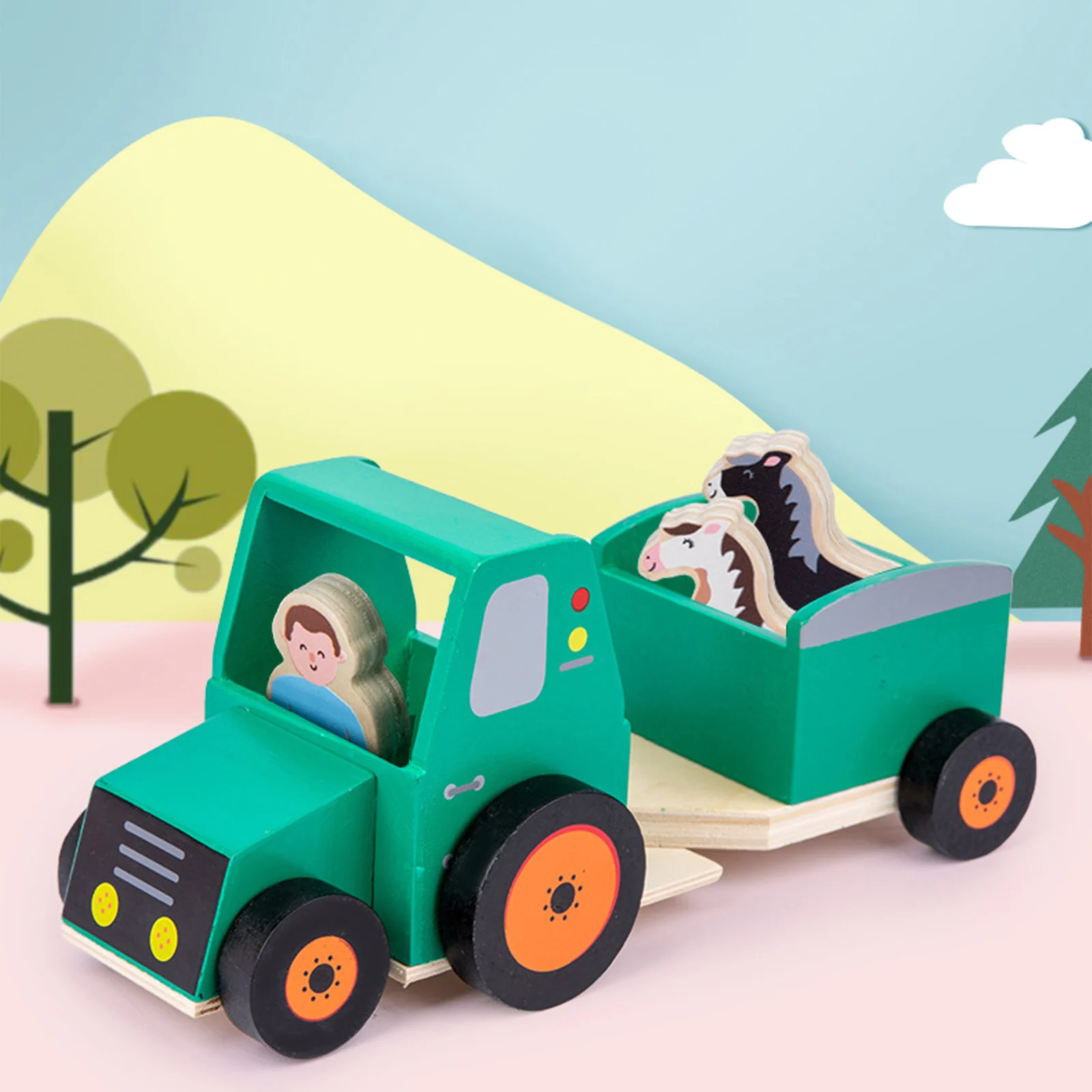 

Деревянный трактор, прицеп, детская деревянная модель автомобиля, украшения для дома и автомобиля, распознавание цвета, практичная способн...