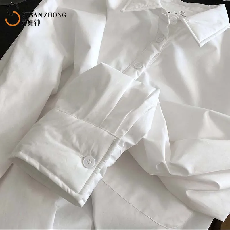 

Women Shirts Female Blouses Ladies Tops Cozy Athleisure Fall Winter Cotton Liner Padded Oversize Turn-Down Collar Batwing White