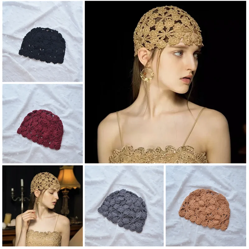 

Women Beret Hat Bonnets Ethnic Style Handmade Knitted Woolen Cap Lady's Autumn And Winter Retro Elegant Flower Warm Caps