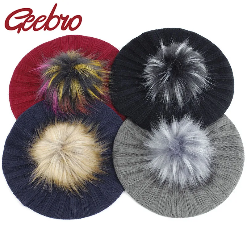 Geebro женский берет в рубчик напущенные зимние шапки вязаная шапочка для девочек
