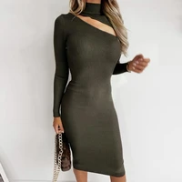 autumn elegant office long sleeve dress fashion ribbed sexy hollow low chest party dress women casual o neck solid maxi dresses