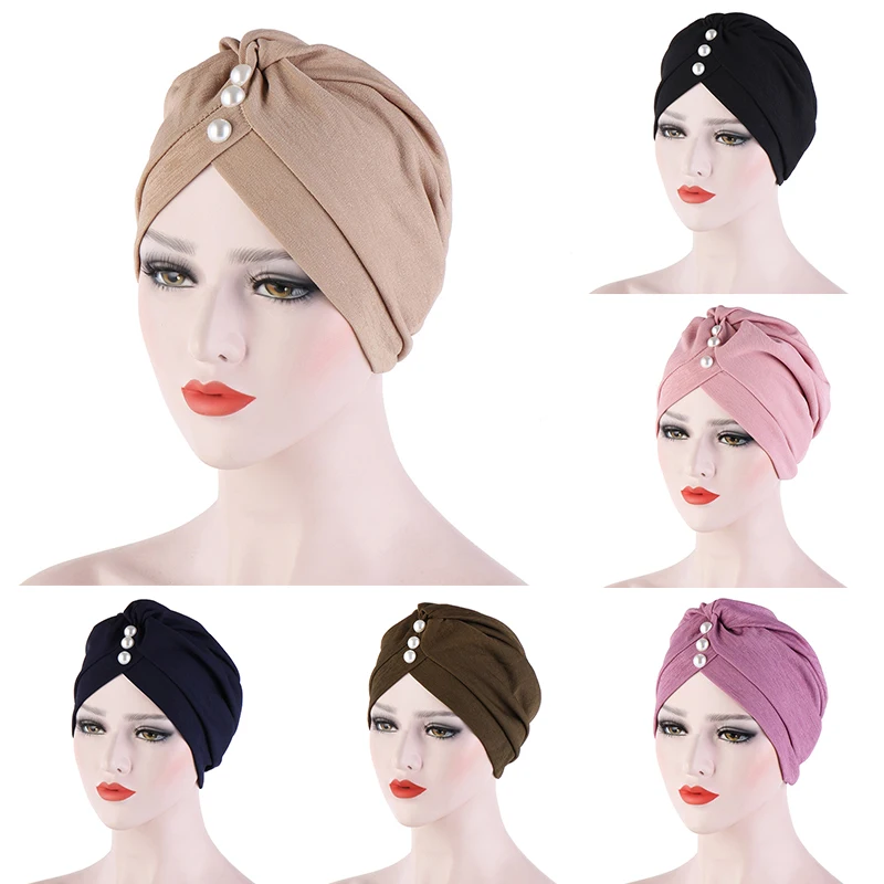 

2021 new velvet turbans for women pearls turban femme musulman women's head scarf turban cap winter indian hat turbante mujer