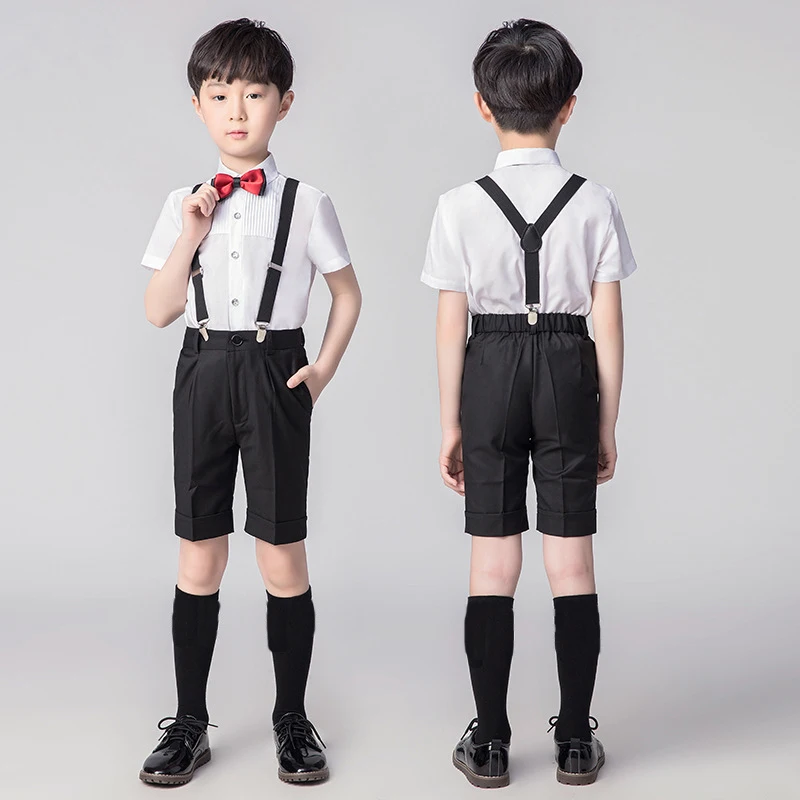 

Детское официальное платье на день рождения, Детская школьная форма, костюм для мальчиков и девочек с цветами, рубашки, шорты на бретелях/юб...