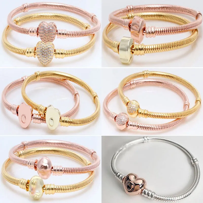 

Original 925 Sterling Silver Classic Rose Gold And Gold Heart Button Pan Bracelet Fit European Charm Bracelets Women Jewelry