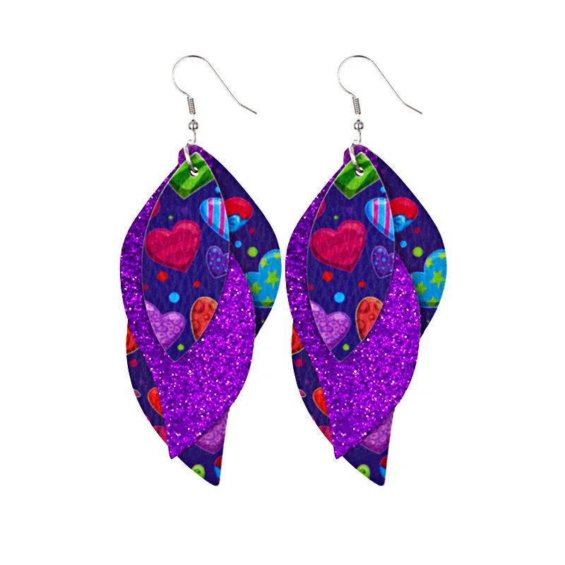 

Valentines Glitter Heart Print Earrings Triple-layer Faux Leather Stacked Earring for Women Conversation Heart Teardrop Earring