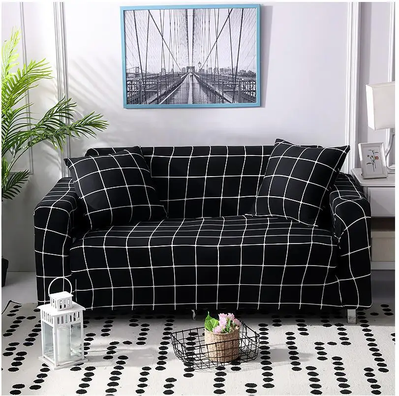 Black And White Plaid Sofa Cover For Living Room Stretch Slipcovers Elastic Sectional Couch Chaise | Дом и сад