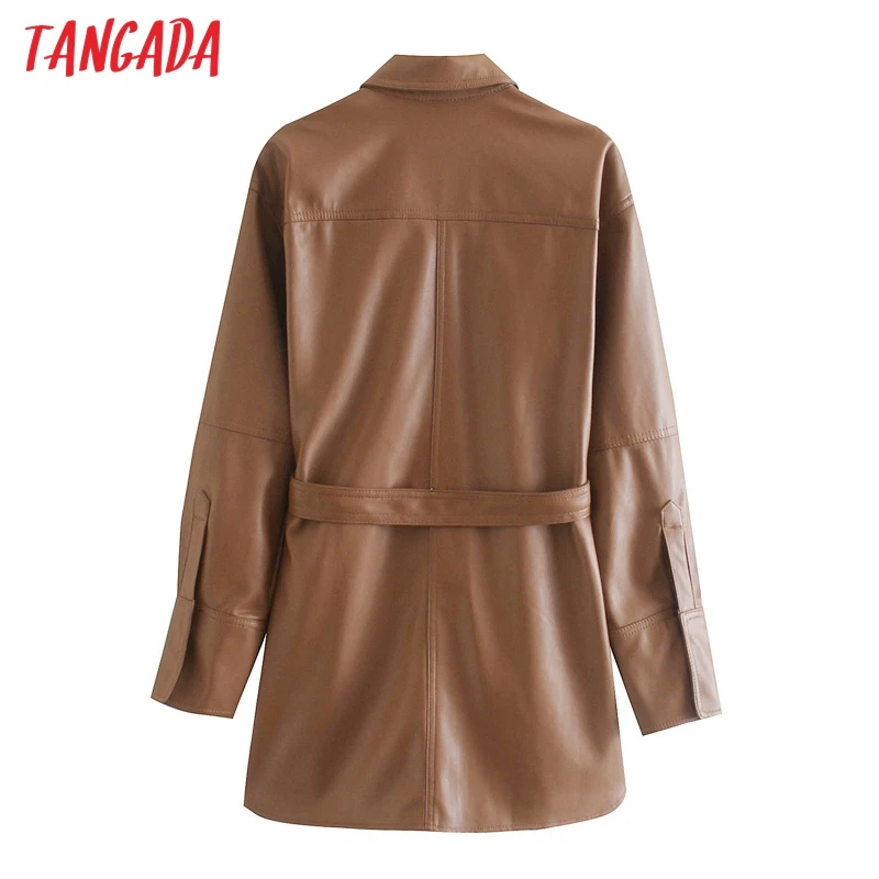 

Tangada Women brown faux leather jacket coat with slash Ladies Long Sleeve loose oversize boy friend Coat 3H120
