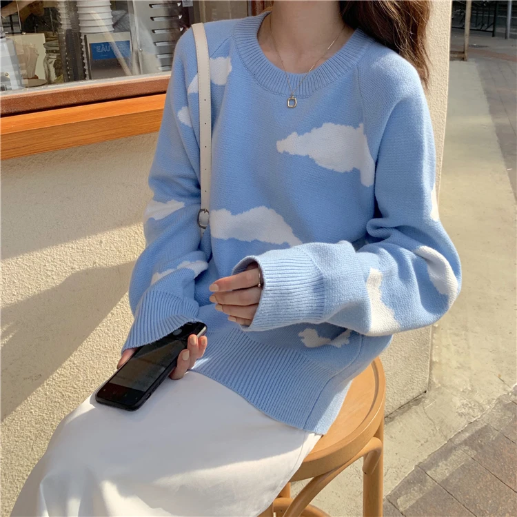 

Blue/Black Fall Winter New Pull Jumpers Women Korean Cartoon Cloud Sweater Chic Casual Oversized Knitted Pullover Tops All-match