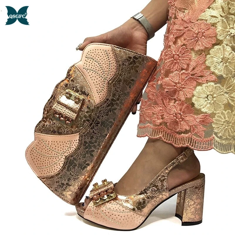 

Peach Color Italian design Ladies Shoes and Bags Set Nigerian Party Shoes and Sets of African Bag Harmonizing Shoes Med heel