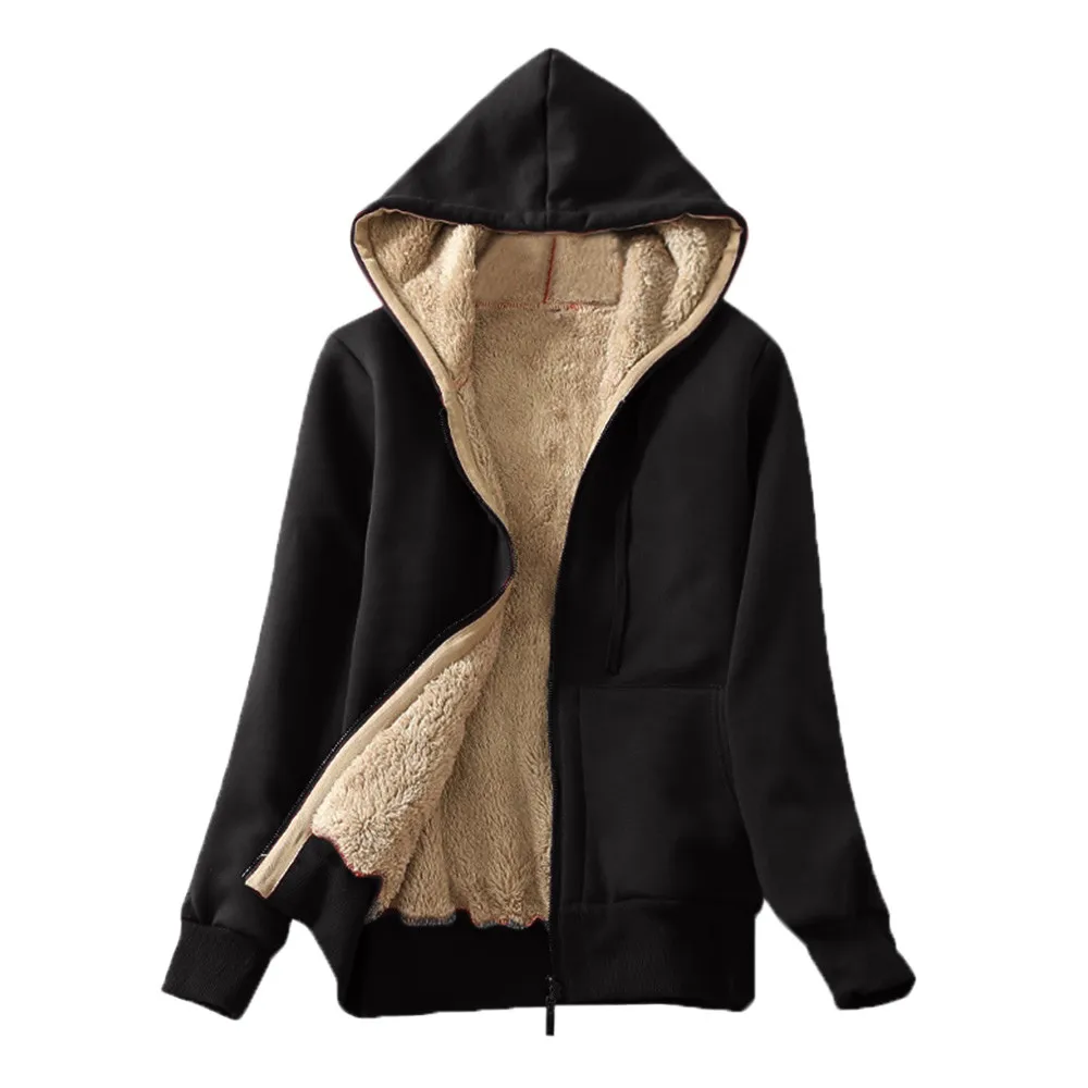 Zip Up Hoodie Women's Jackets Casual Winter Warm Sherpa Lined Zip Up Hooded Sweatshirt Jackets Coat Basic Sudaderas Con Capucha