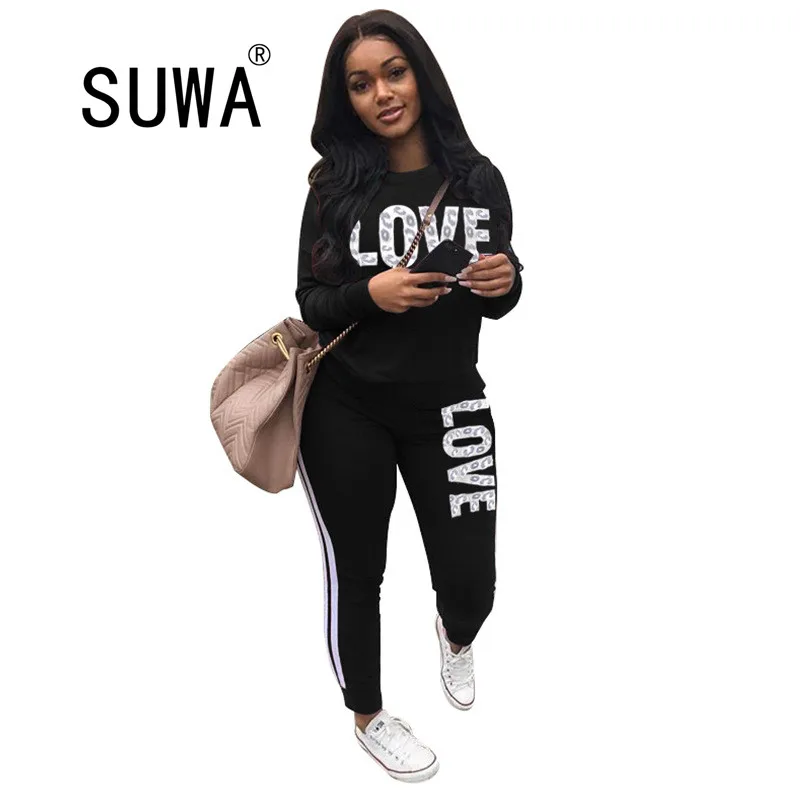 

Женская толстовка и спортивные брюки с буквенным принтом, комплект в полоску, лоскутные брюки, повседневная одежда для фитнеса, Женский ком...
