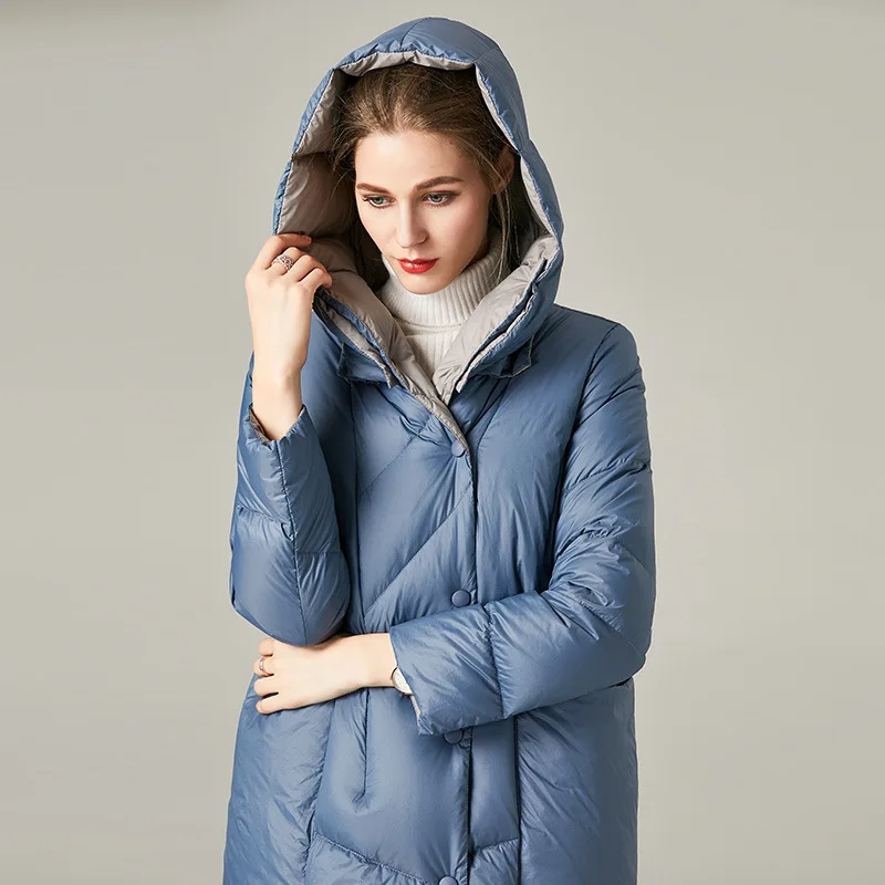 Warm And Light Fashion Winter Hot Sale Long Style Down Coats Black/Blue Hooded Loose Women Clothing With Pockets Femme Veste