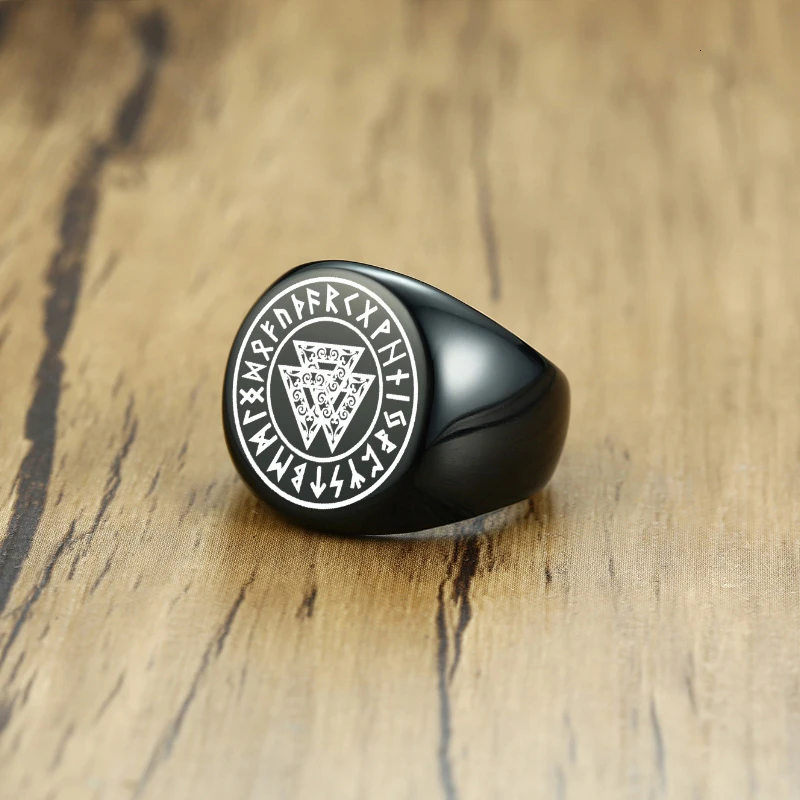 Кольцо викингов Valknut Futhark Runes Odin Черный Байкер из нержавеющей стали в