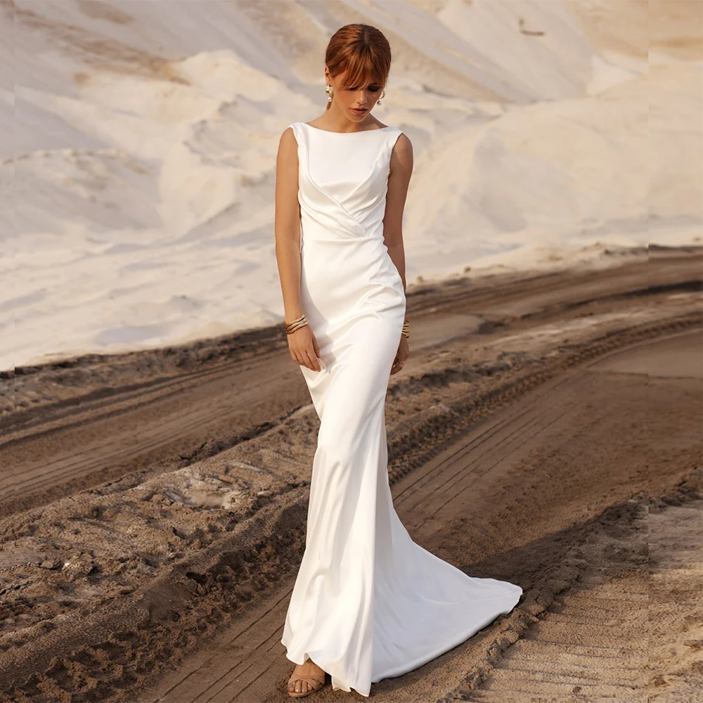 

Mermaid Wedding Dresses Satin Boat Neck Sleeveless Draped Knot Backless Elegant Long Dresses 2020 Simpel Sexy Bridal Gowns
