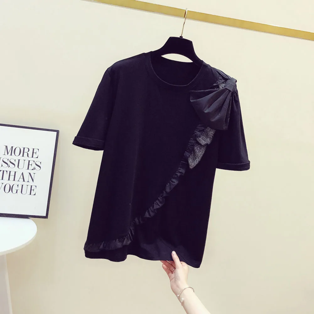 

T-Shirt Summer Black Short Sleeve Top Tees Women Cute Bowknote Korean Fashion Style Female Casual Loose Oversize Tshirts Japan