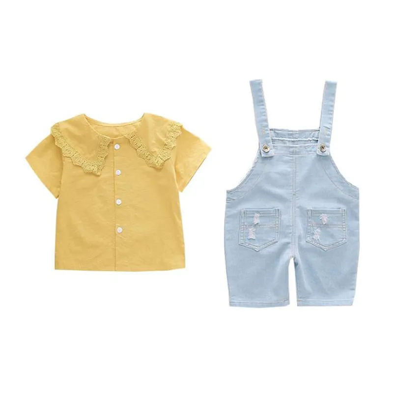 

Комплект летней одежды DFXD для маленьких девочек, блузки с кружевным воротником и короткими рукавами, рубашки, джинсы, комбинезон, брюки, дет...