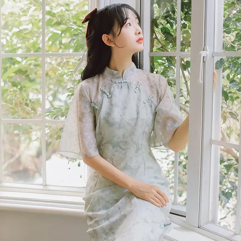 

Ципао 2021 весна-лето стоячий воротник пряжка китайская Восточная одежда в старинном стиле платье Чонсам для молодых девушек